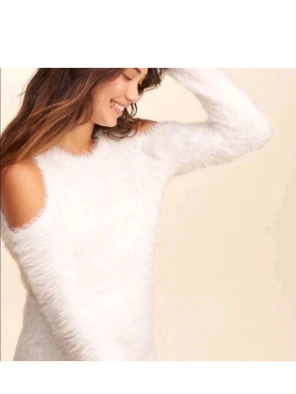 Y2k Hollister Faux Fur Sweater Ivory Cold Shoulder Fluffy Knit Stretchy XS NEW